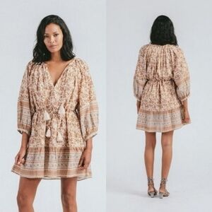 Cleobella Rosy Mini Dress Size M Tan Cream Floral Spring Bohemian Vacation